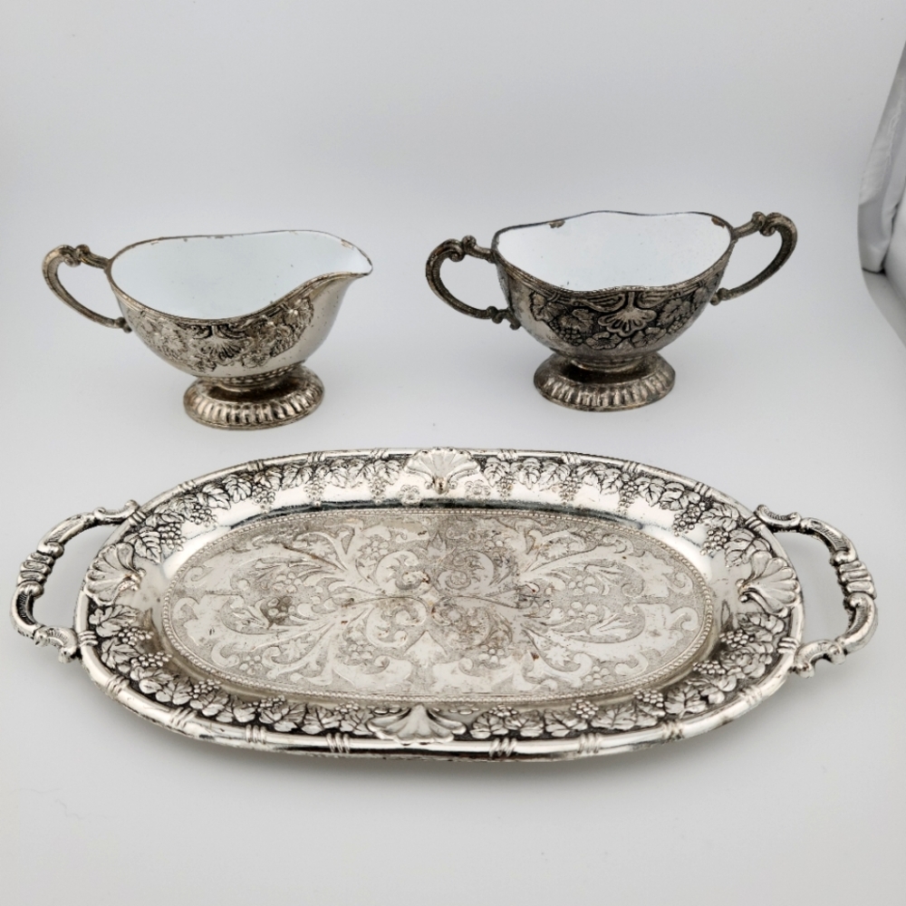 Vintage EP ZINC Japanese Silverplated and Enamel Creamer Sugar Bowl Set